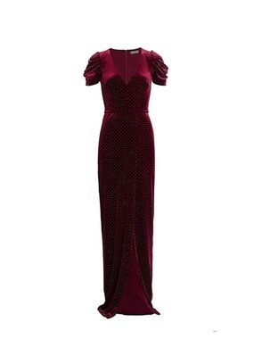 Monique Lhuillier Burgundy Velvet Polka-Dot Maxi Gown
